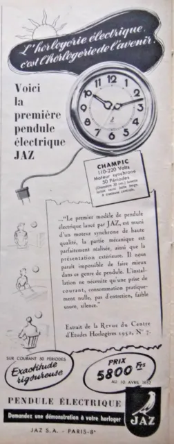 1952 The First Jaz Champic Electric Clock Press Advertisement