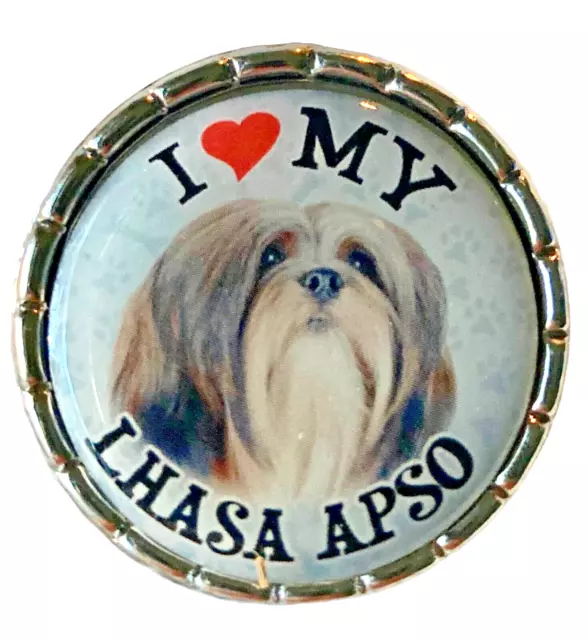 Lhasa Apso Dog Lapel Pin 30mm Raised Metal Edge Silver Color