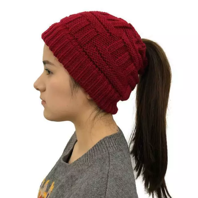 Womens Outdoor Winter Knitted Beanie Hats Ponytail Messy Bun Tail With Hole Caps 3