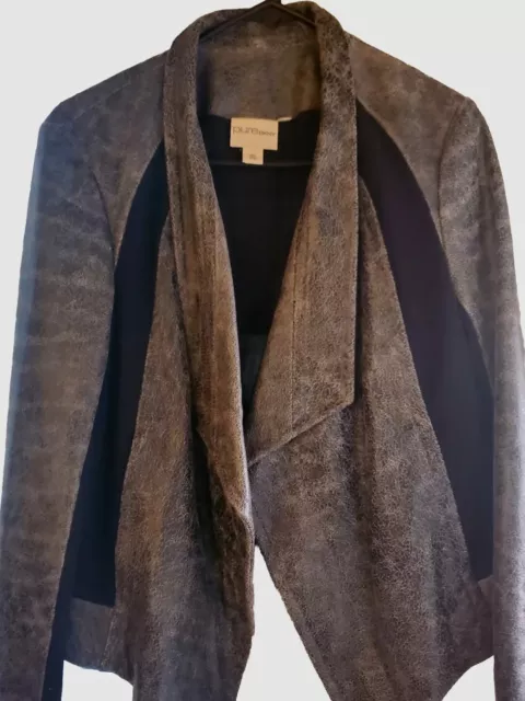 PURE DKNY Draped Ponte Paneled Cracked Gray Leather Moto Jacket Coat Size M 2