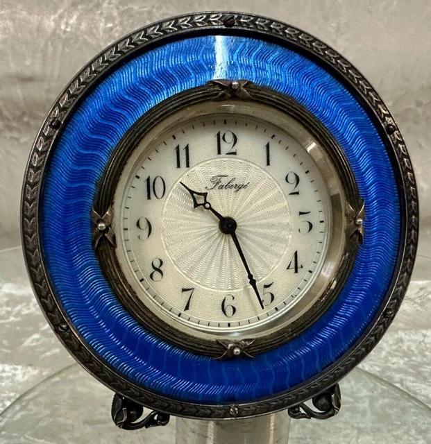 Clock by Faberge, Silver 88, Guilloche Enamle, H-10cm. Clock by Faberge, Silver 88, Guilloche Enamle, H-10cm.