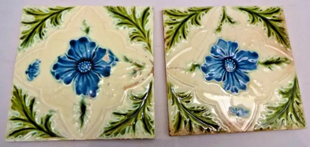 Antique English Tile Porcelain Majolica Art Nouveau Purple Flower Motif 2Pc # 54