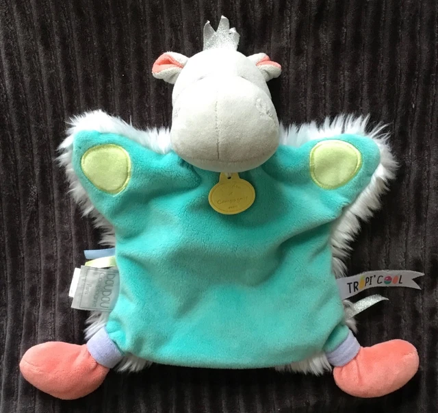 Doudou Marionnette Hippopotame vert blanc Tropi Cool DC3322 Doudou et Compagnie