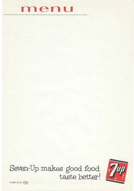 Vintage 7Up Makes Good Food Taste Better MENU Form 310 Paper Page 17 Count L220