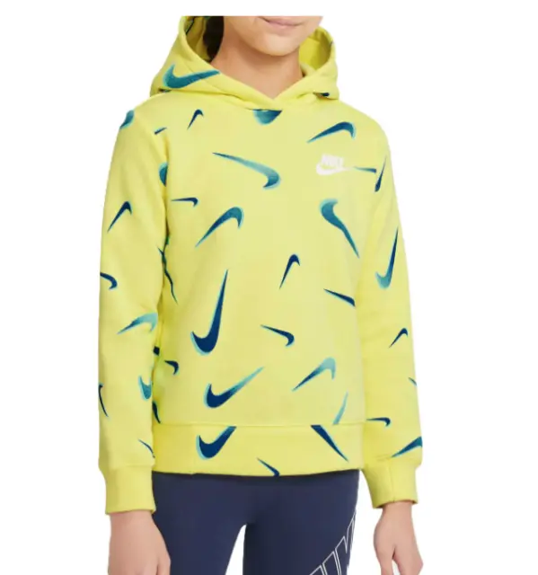 Nike Hoodie Youth Girls Medium NSW Sportswear 3D Swoosh Print Fleece Yellow