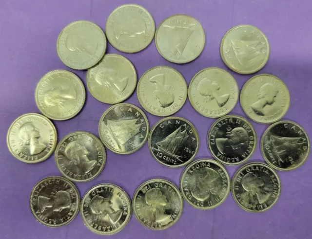 Canada 1964 uncirculated 80%, silver dimes, lot of 20 coins.