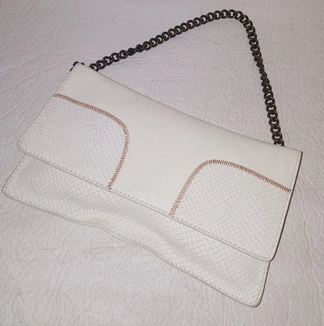 THEORY Ivory Leather Snake Embossed  Flap Baguette Shoulder Bag Satchel Clutch