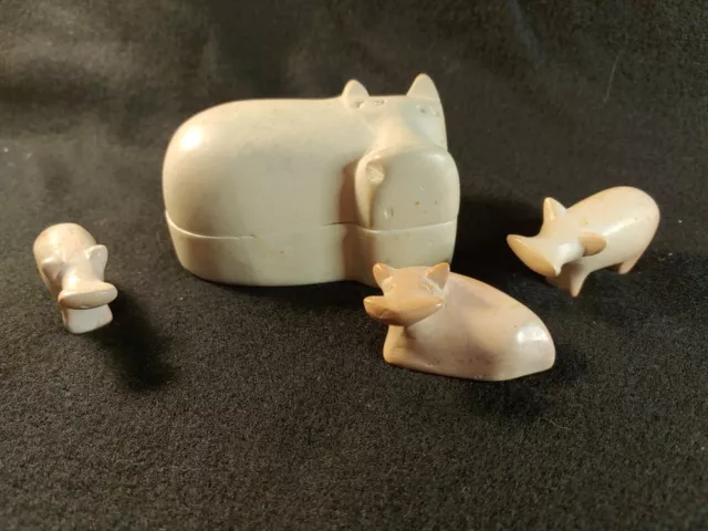 Soapstone Hippos Trinket Box Boho Hand Carved Kenya Hippopotamus