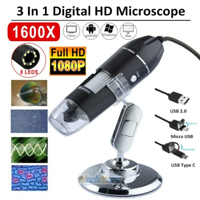 8 LED 500X 1000X 1600X 10MP USB Digital Microscope Endoscope Magnifier HD Camera