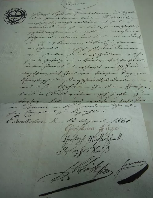 Dokument EDENKOBEN 1861, Cession jüdische Kfm. Süß & Löb (KIRRWEILER) Signaturen