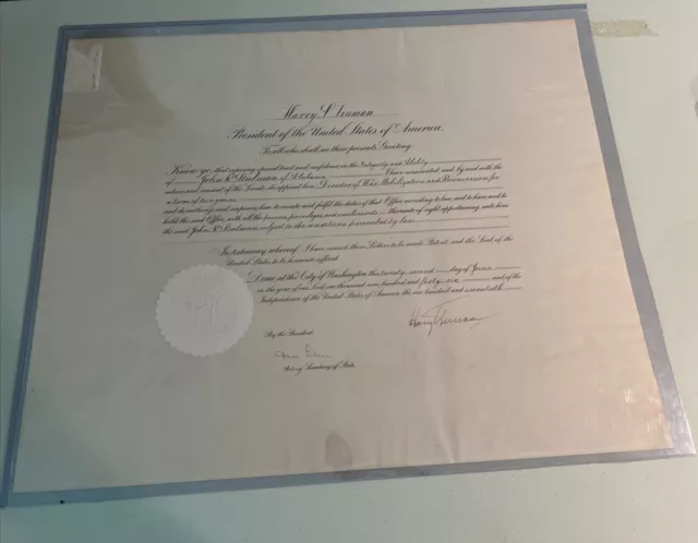 Significant Harry Truman Signed Presidential Appointment Of  John Steelman