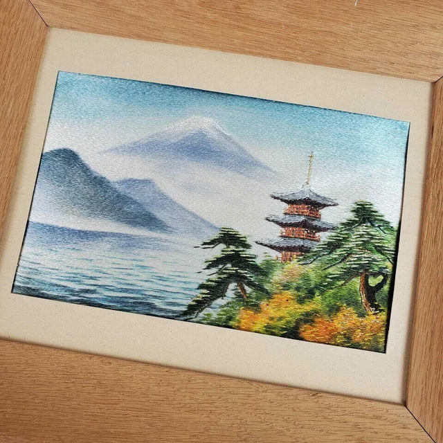 Vintage 1930s Mount Fuji Asian Silk Fabric ART Pagoda Framed 13x11"