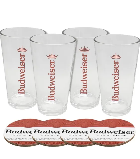 New Budweiser Beer 16oz Pint Glass With Coasters - Set Of 4 Authentic Licensed