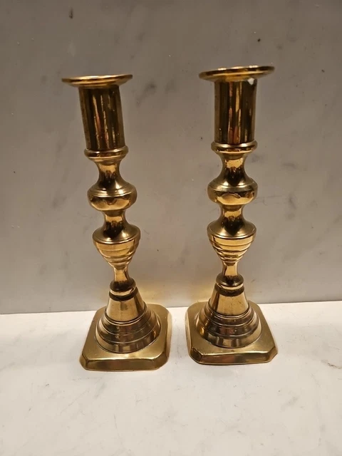 Vtg 19th Century Victorian Brass Beehive & Faceted  Candlesticks 20cms Tall -❤️