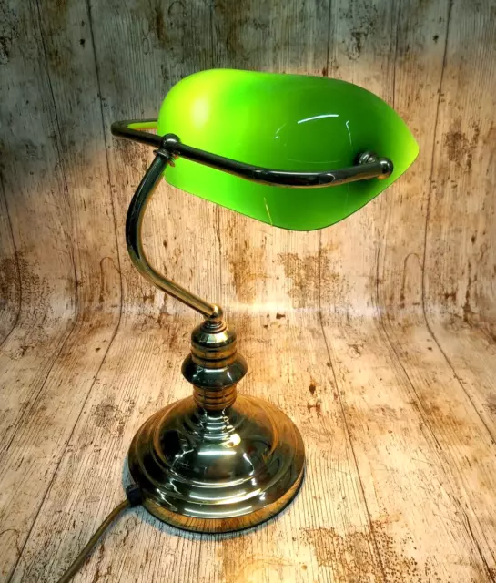 Bankers Desk Lamp Vintage Green Glass Shade With Brass Base - Tested Working