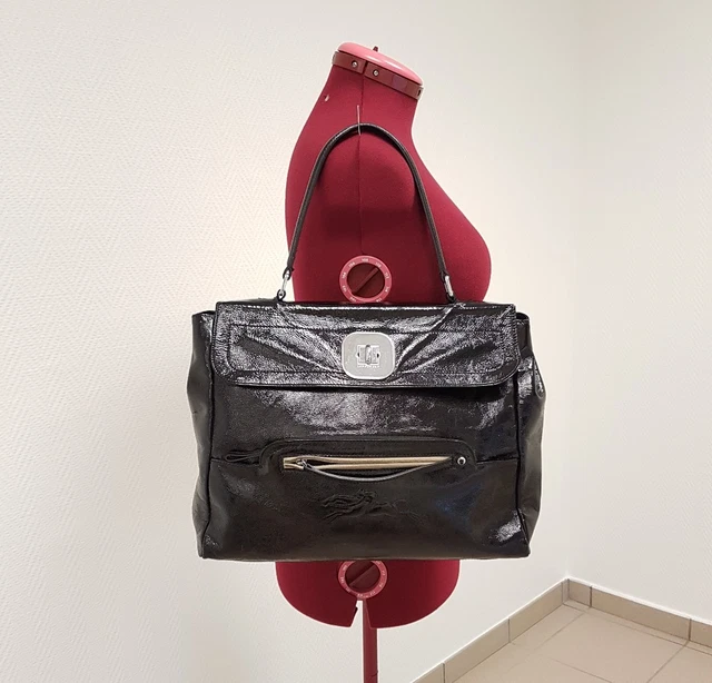 LONGCHAMP Grand Maxi Sac "Gatsby " - Noir Verni Cuir Porté Main et Epaule