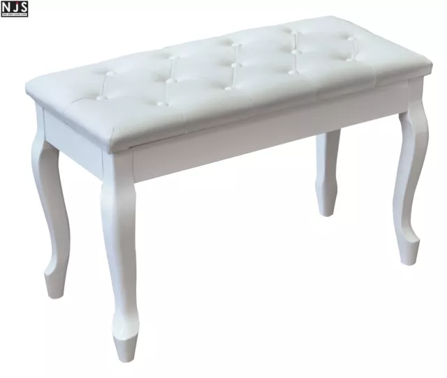 NJS Luxury Fixed Height White Faux Leather Piano Stool Bench with Storage