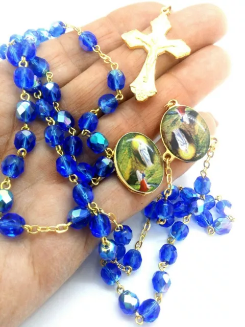 Lourdes Blue Italian Crystal Rosary Beads - FREE Pin - Stamped Made in Italy