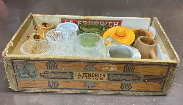 cigar box and lot of toothpick holders vintage