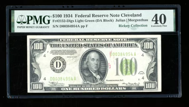 DBR 1934 $100 FRN Cleveland Fr. 2152-Dlgs PMG XF-40 Serial D00384954A
