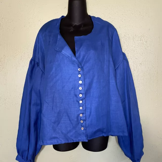 Reenactment Civil War Period Women's Drop Shoulder Shirt Blue Linen Look Fabric