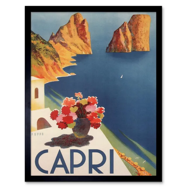 Travel Tourism Italy Capri Island Sun Flowers Sea 12X16 Inch Framed Art Print