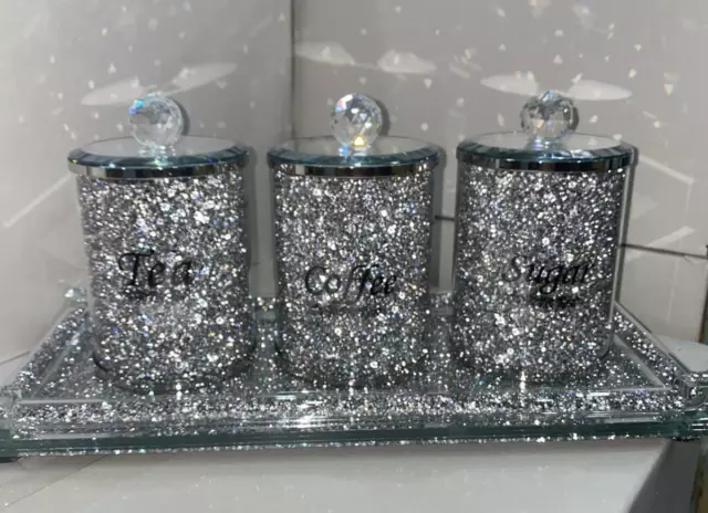 XL Crushed Diamond Silver Crystal Filled Tea Coffee Sugar Canister Jars And Tray