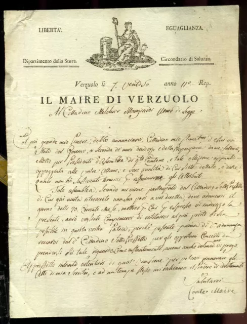 Repubblica Piemontese dip. Stura Saluzzo Verzuolo Documento Manoscritto at 406
