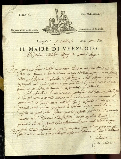Repubblica Piemontese dip. Stura Saluzzo Verzuolo Documento Manoscritto at 406