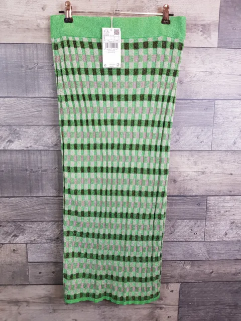 Mango MNG Midi Skirt Small Green Checked Metallic Thread Pull On Leg Split BNWT