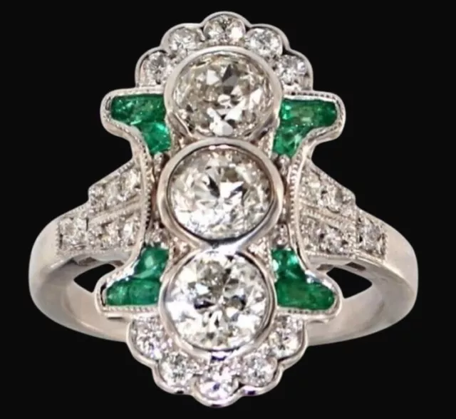 🔥 18KT GOLD 2.47ct Art Deco Diamond & Emerald Cocktail Ring RARE $4,799 ...