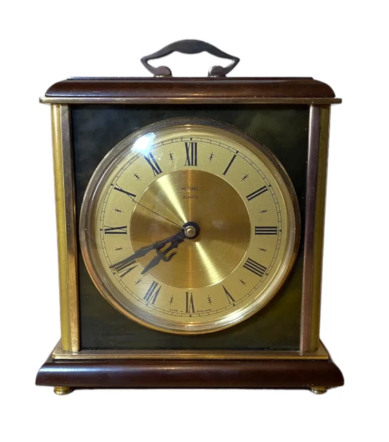 VINTAGE METAMEC QUARTZ Mantel Clock , Onyx ,wood And Brass ,Good