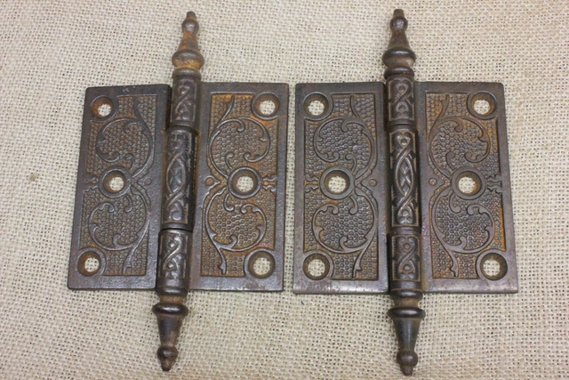 2 Old Door Hinges 3 1/2 X 3 1/2" Antique Steeple Top Clean Vintage Cast Steel A