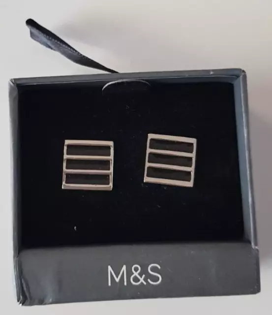 Men's Marks & Spencer Cufflinks Silver Tone with Black inserts BN Boxed