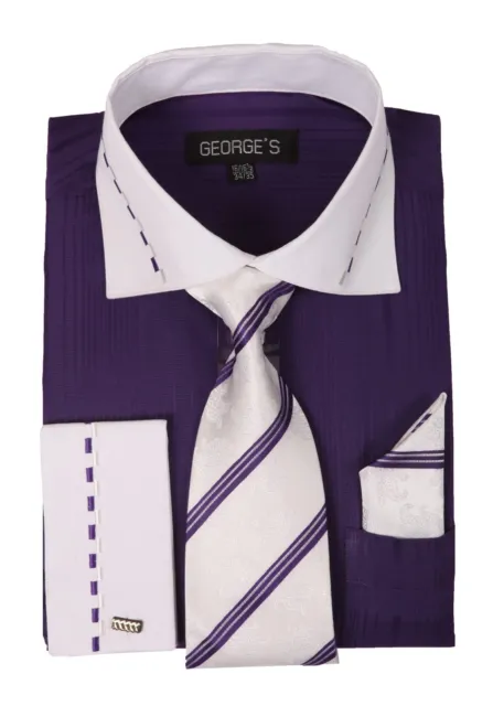 Men's Jacquard Stripe Dress Shirt w/ Matching Tie & Hanky Set #621 Purple