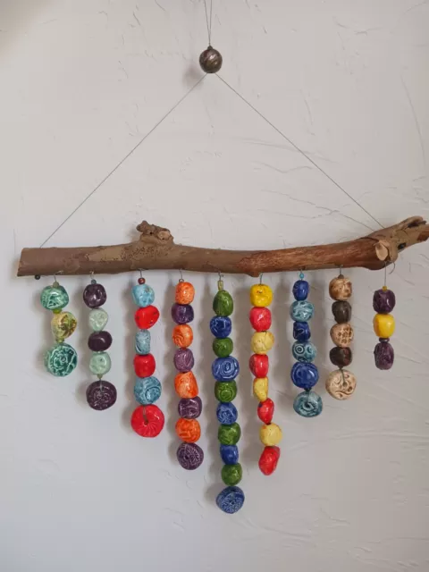 Unique Vintage Bead And Driftwood Wind Chime Wall Hanging Geometric Rainbow