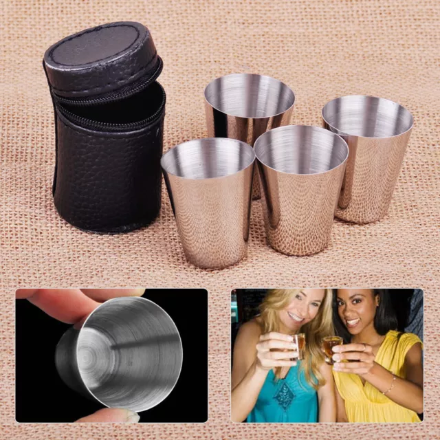 4X Portable Camping Travel Stainless Shot Glass Set w/ PU Case Cover &