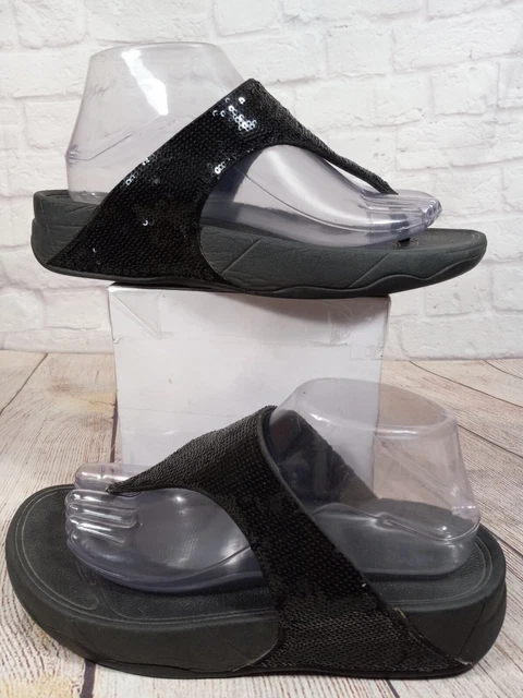 Fitflop Women's A18-001 Black Thong Sandals With Sequins Size 8