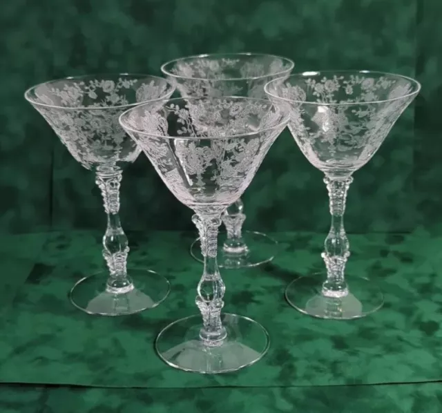 Cambridge Rose Point Cocktail Etched Crystal Stemware 6" Tall Lot Of 4 Martini