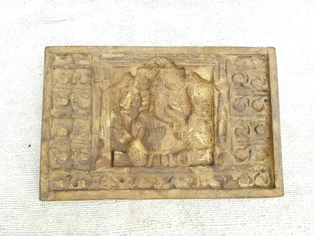 Vintage Ancien Primitive Main Rare Lord Ganesha en Bois Panneau Délicat Carving