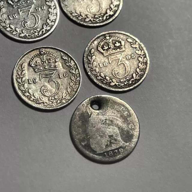 British Silver Three & Four Pence Lot Of 5 1839, 1895, 1896, 1899 & 1916 .925 B2 3