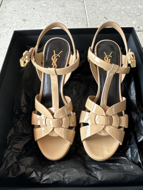 YSL Yves Saint LAURENT Tribute Platform Leather Nude Sandals Heel 35 (5) 75mm