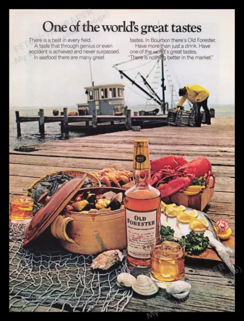 Old Forester Bourbon Whisky 1970s Print Advertisement Ad 1972 Fisherman Boat