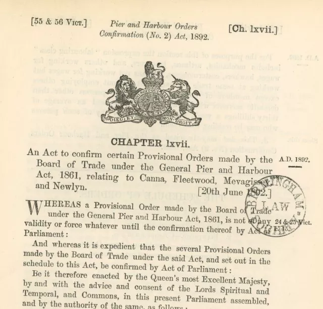 Antique Act of Parliament Pier Harbour Canna Fleetwood Newlyn 1892 politics