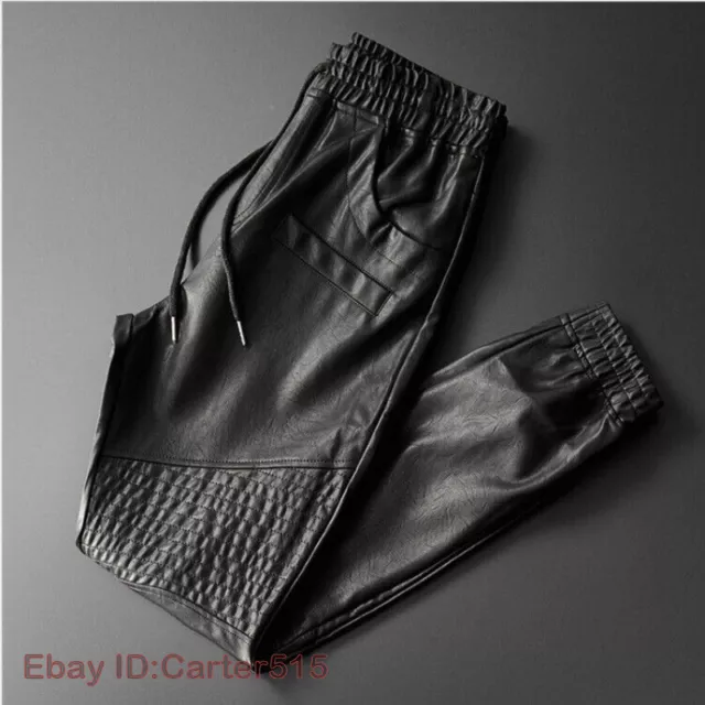 Mens Elastic Waist Jogger Motorcycle Pocket Faux Leather Trousers Pants Fashion