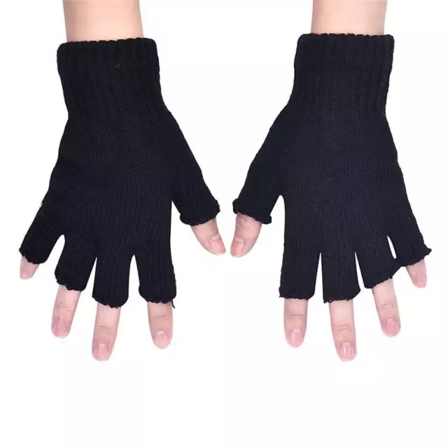 Adults Mens Plain Thermal Fingerless Knitted Winter Warm Half Finger Gloves