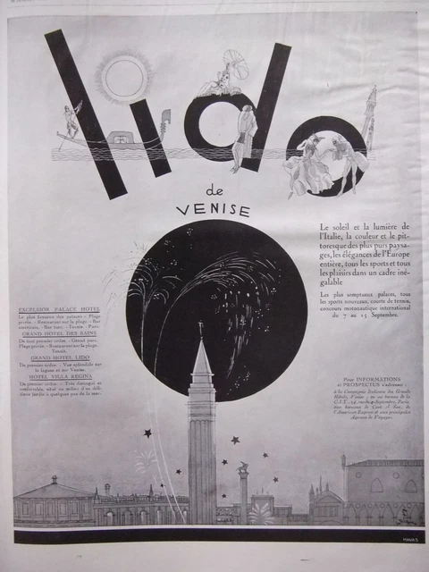 Publicité 1929 Lido Venise Excelsior Palace Hotel Des Bains Hotel Villa Regina