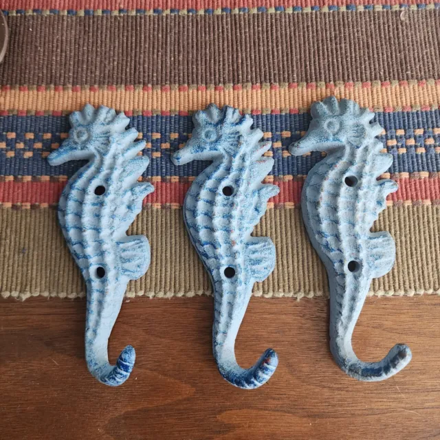 Vintage Seahorse Cast Iron Wall Mount Hooks Rustic Blue In Pair Of 3