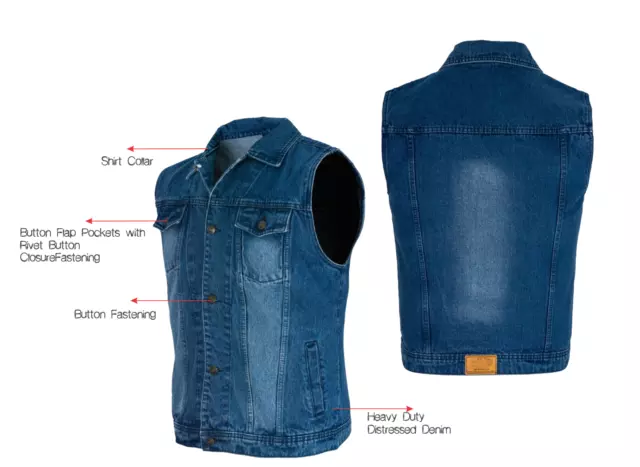 Bikers Men Motorcycle Distressed Heavy Duty Denim Club Vest Waist Coat Blue