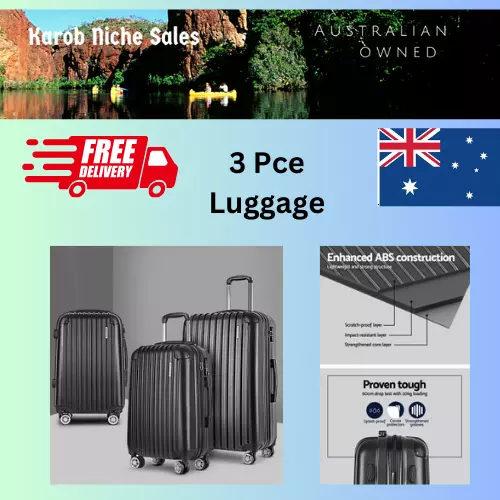 Wanderlite Luggage Set 3pc 20" 24" 28" Suitcase Hardcase Trolley Travel Black